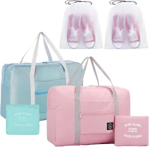 2PCS Travel Duffle Bag Tote Carry on Bag Nylon Lightweight Foldable Travel Bag Water Resistant Sports Gym Duffle Weekender Overnight Bag (Pink Green 2Pe bag)
