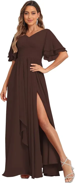 A-Line Bridesmaid Dress with Slit Short Sleeve V Neck Evening Gown with Pocket Chiffon Long Ruched Mother of The Bride Dress