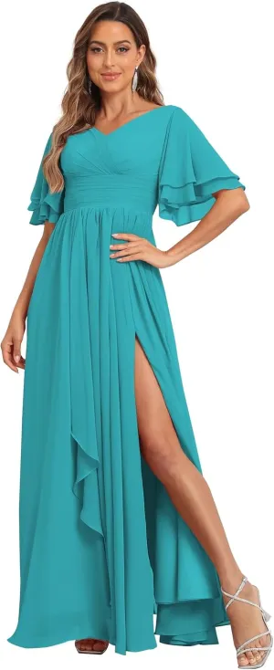 A-Line Bridesmaid Dress with Slit Short Sleeve V Neck Evening Gown with Pocket Chiffon Long Ruched Mother of The Bride Dress