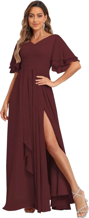 A-Line Bridesmaid Dress with Slit Short Sleeve V Neck Evening Gown with Pocket Chiffon Long Ruched Mother of The Bride Dress
