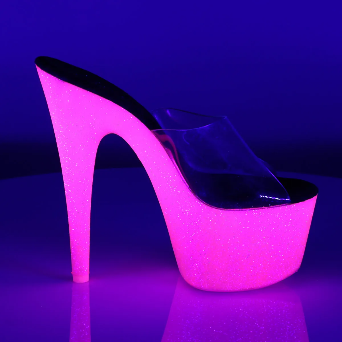 ADORE-701UVG Pleaser Clear/Neon H. Pink Glitter Sexy Platform Shoes (Pole Dancing Heels)