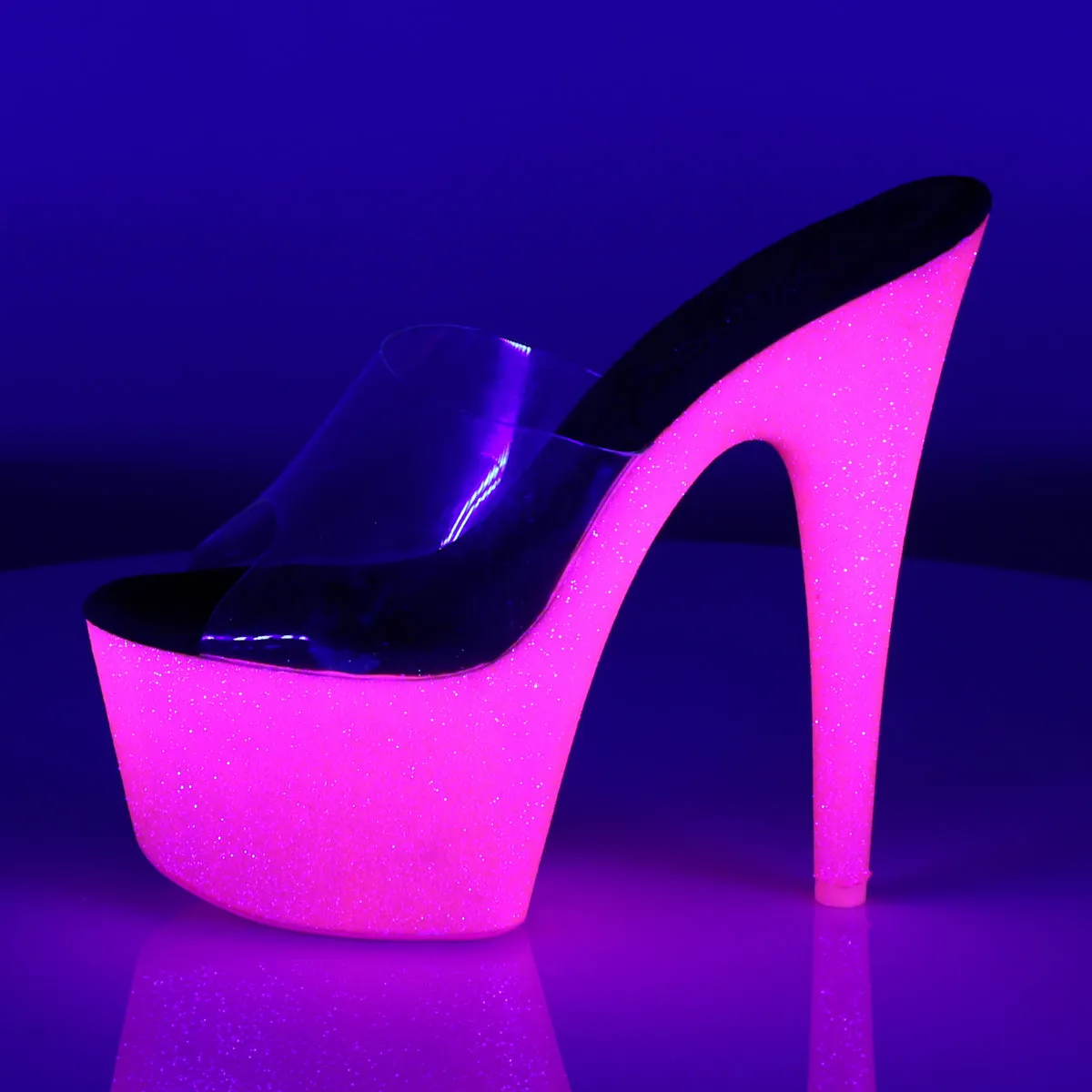 ADORE-701UVG Pleaser Clear/Neon H. Pink Glitter Sexy Platform Shoes (Pole Dancing Heels)