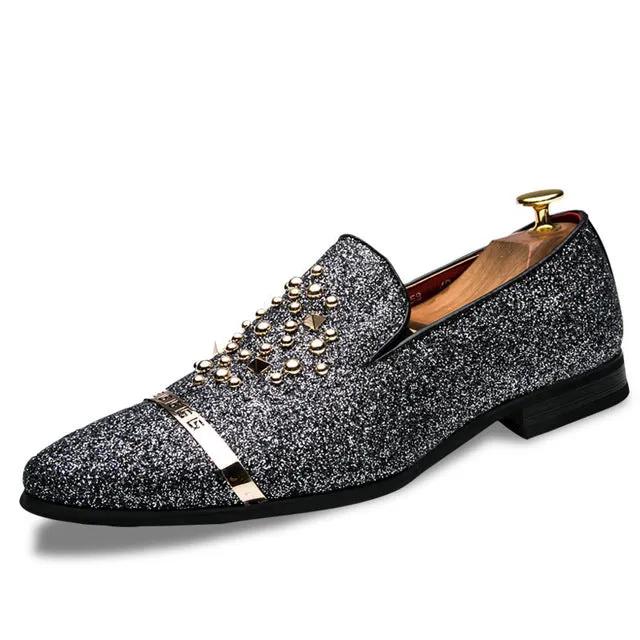 AGSan Luxury Brand Men loafers Silver Black Diamond Rhinestones Spiked Loafers Rivets shoes Red Bottom Wedding Party Shoes