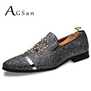 AGSan Luxury Brand Men loafers Silver Black Diamond Rhinestones Spiked Loafers Rivets shoes Red Bottom Wedding Party Shoes
