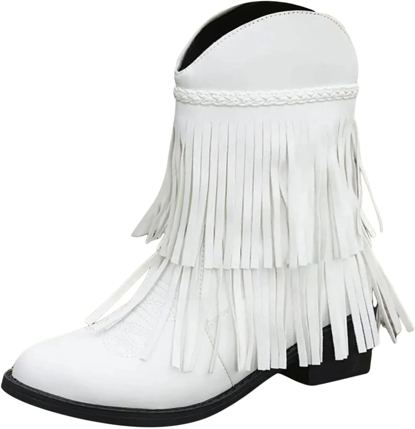 Ankle Boots for Women Dressy Winter Boots for Women 2024 Large Size V Cutout Tassel Chunky Heel Sleeve Short Booties