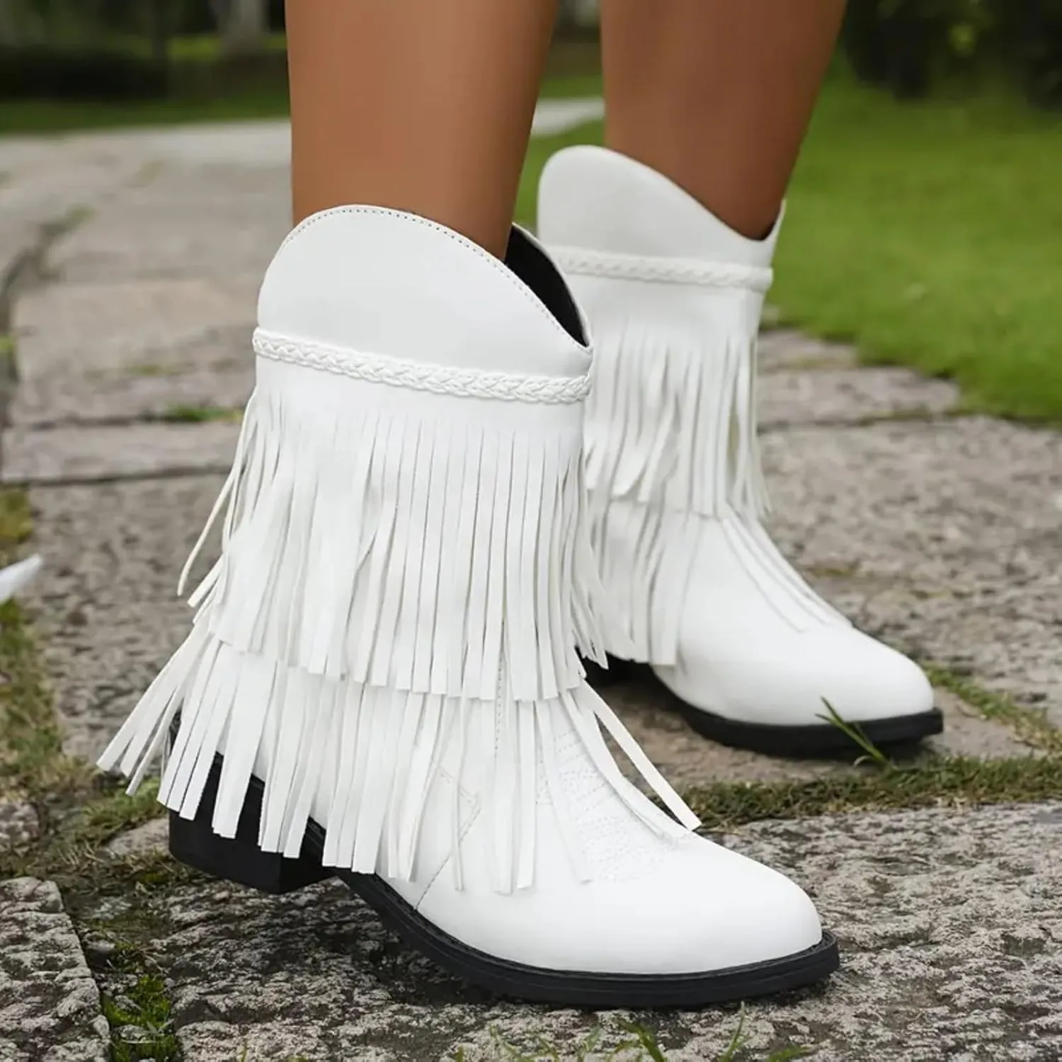 Ankle Boots for Women Dressy Winter Boots for Women 2024 Large Size V Cutout Tassel Chunky Heel Sleeve Short Booties