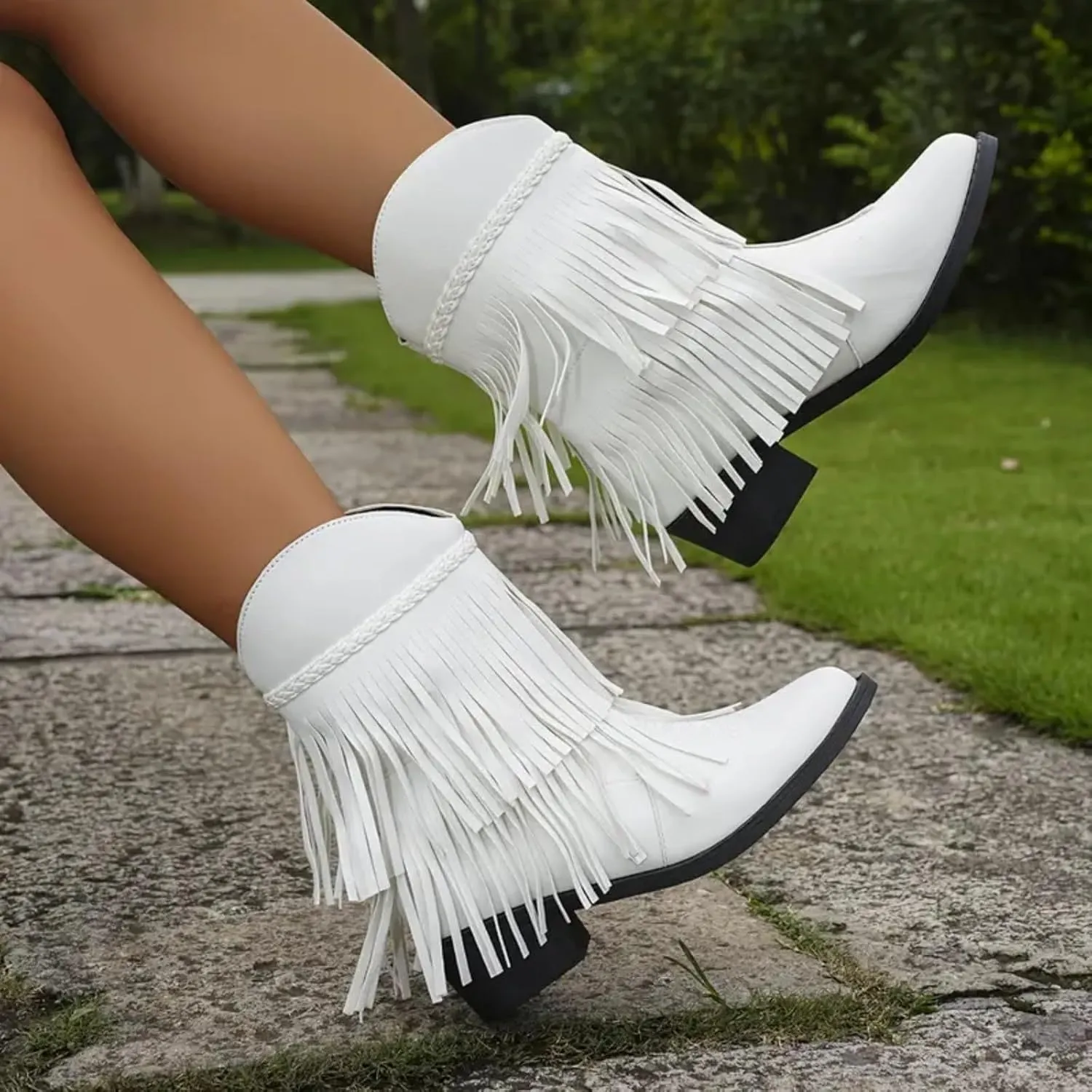 Ankle Boots for Women Dressy Winter Boots for Women 2024 Large Size V Cutout Tassel Chunky Heel Sleeve Short Booties