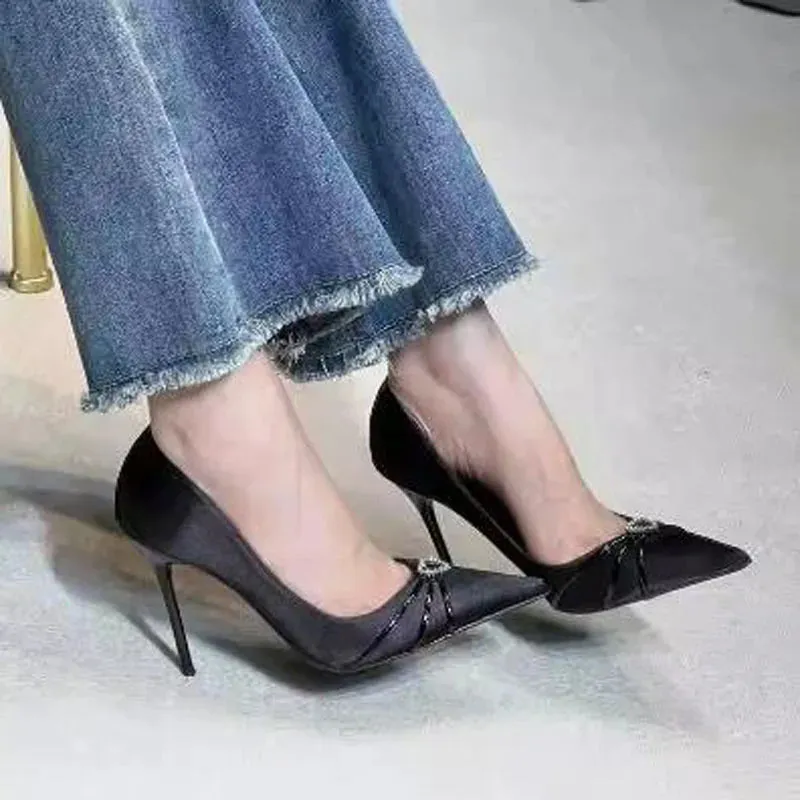 binfenxie  -  Elegant Woman Fashion Black Silk Bling Crystal Rhinestone Heart Shallow Slip On 6 8 10 CM Stiletto Heels Pumps French Party Shoe