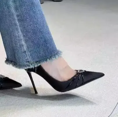 binfenxie  -  Elegant Woman Fashion Black Silk Bling Crystal Rhinestone Heart Shallow Slip On 6 8 10 CM Stiletto Heels Pumps French Party Shoe