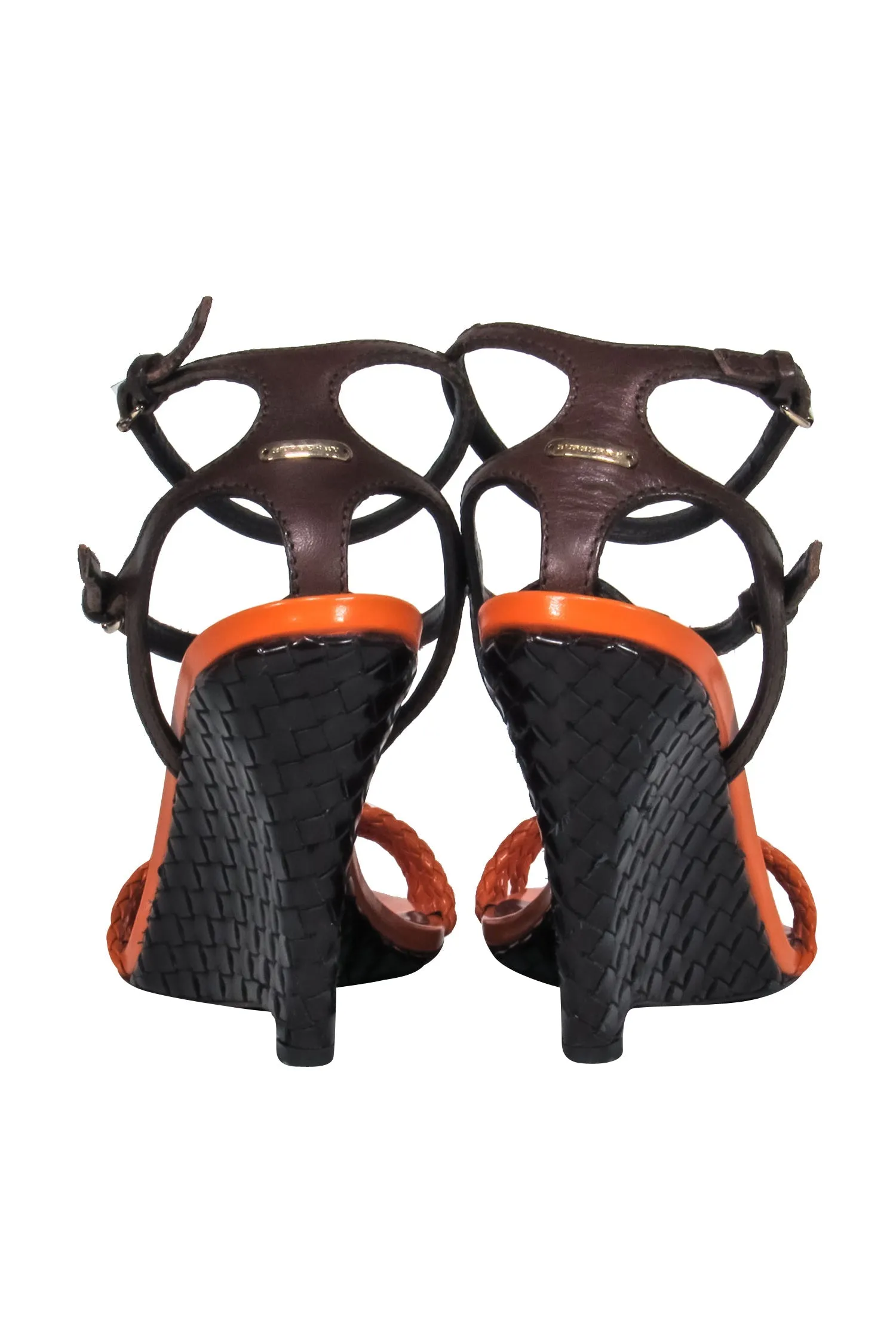 Burberry - Orange & Brown Woven Leather Wedge Heel Sz 10