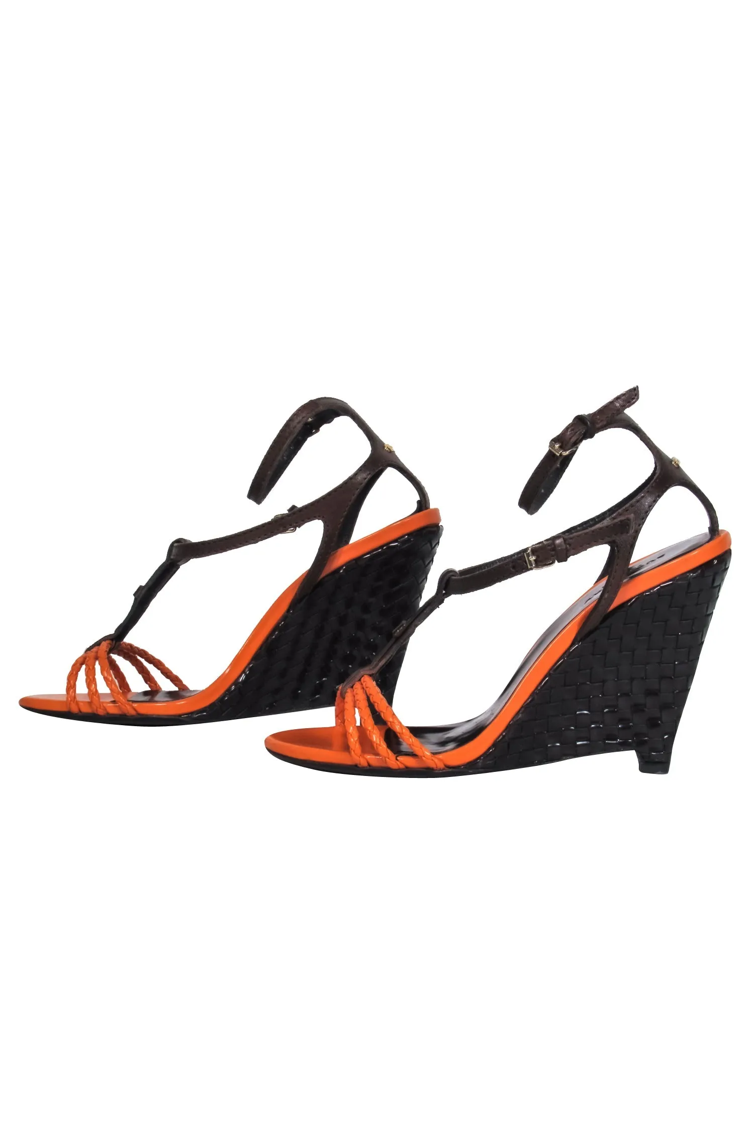 Burberry - Orange & Brown Woven Leather Wedge Heel Sz 10