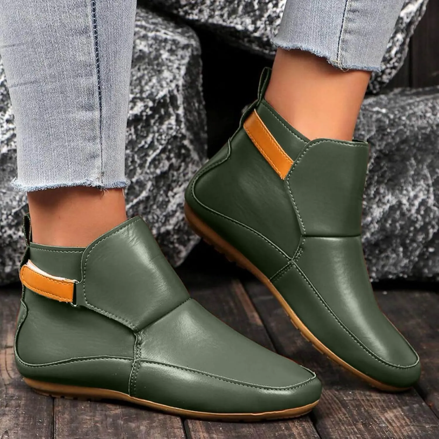 Cathalem Boots for Women,Arch Support Booties Side Zip-up Vintage Leather Damping Shoes Flat Heel Booties