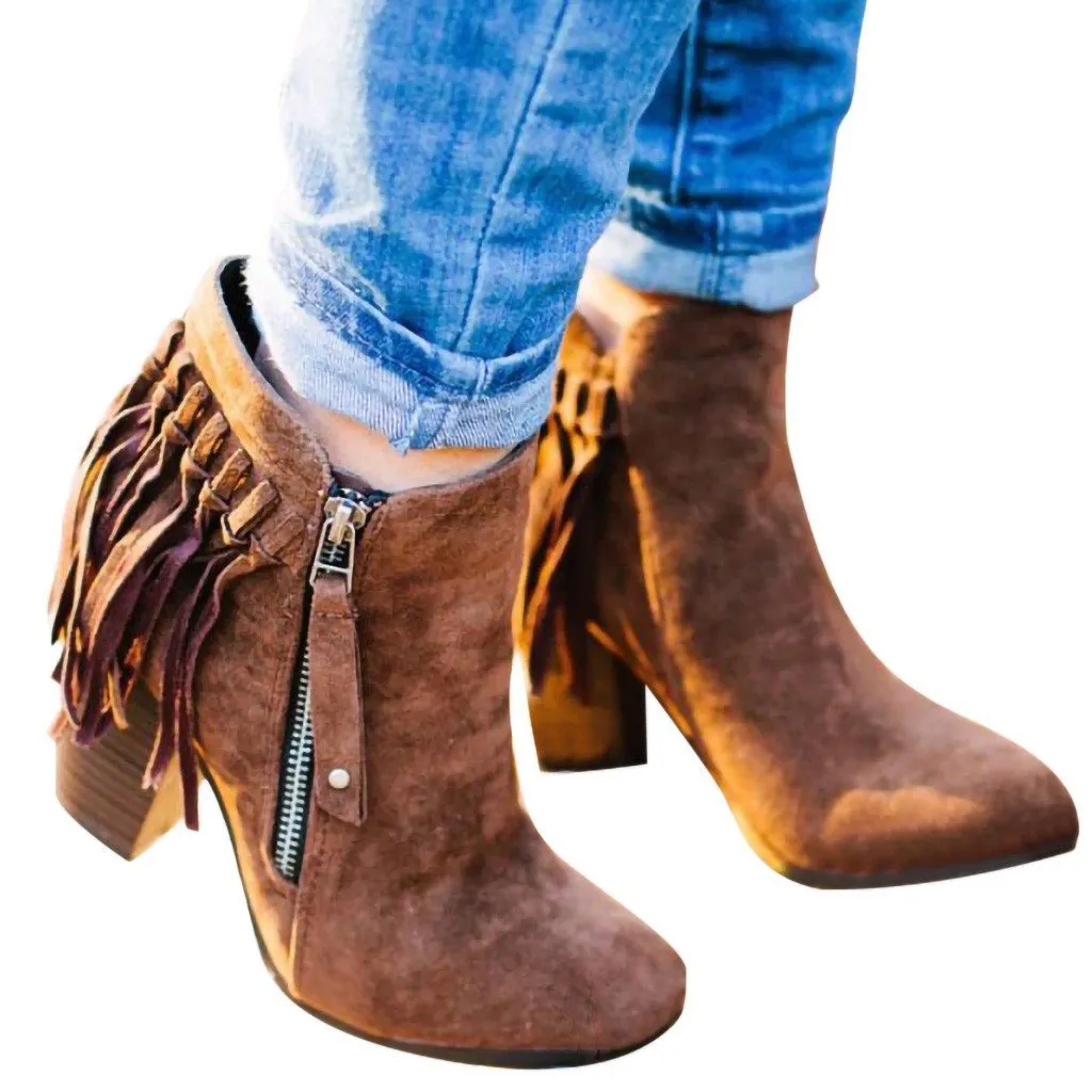 Chicvane New Women's Tassels Chunky Heel Ankle Boots With Side Zipper