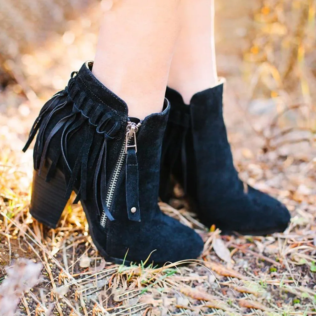 Chicvane New Women's Tassels Chunky Heel Ankle Boots With Side Zipper