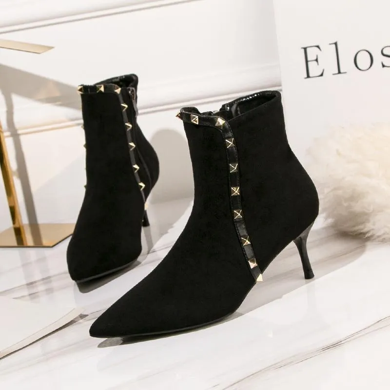 Chicvane Womens Pointed Toe Stiletto Heel Studded Rivets Ankle Boots