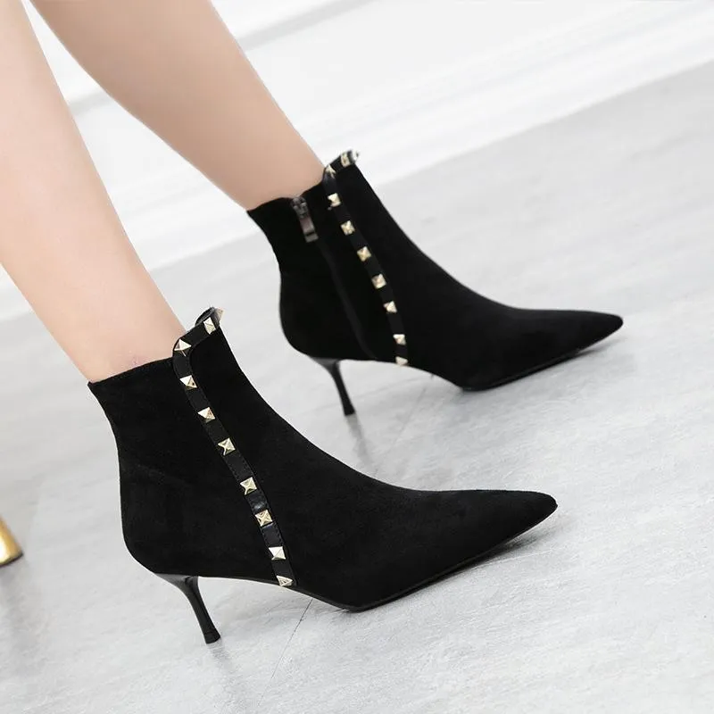 Chicvane Womens Pointed Toe Stiletto Heel Studded Rivets Ankle Boots