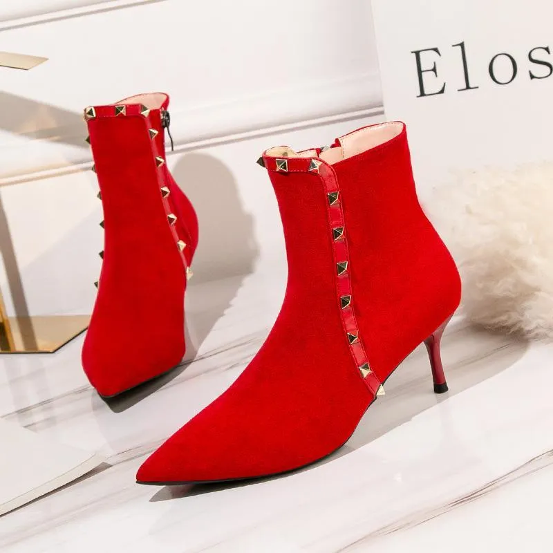Chicvane Womens Pointed Toe Stiletto Heel Studded Rivets Ankle Boots