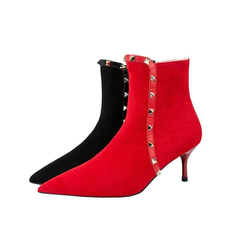 Chicvane Womens Pointed Toe Stiletto Heel Studded Rivets Ankle Boots