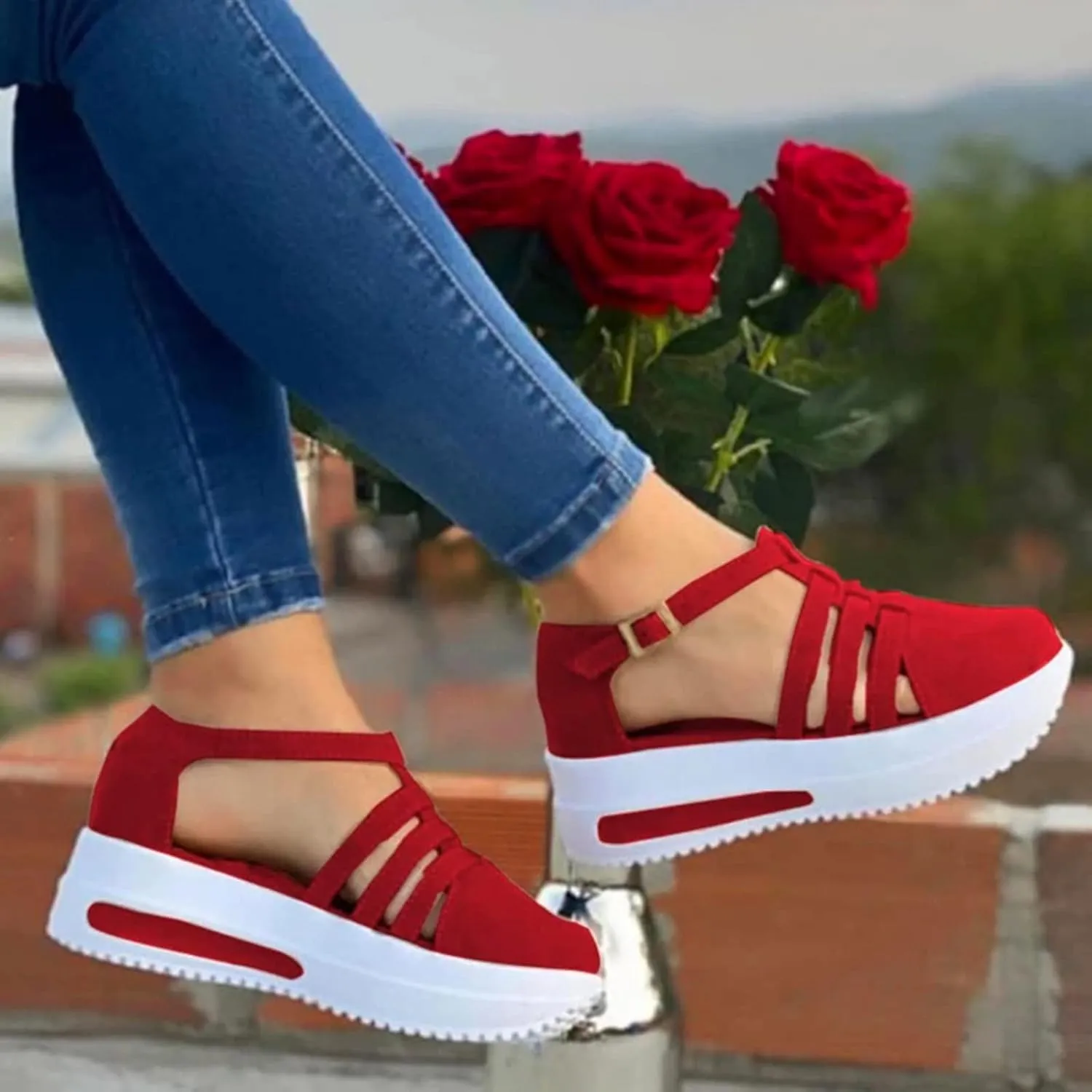 Closed Toe Sandals for Women 2025 Dressy Summer Comfortable Platform Wedge Sandals Ankle Strap Slip On Sandal with Arch Support Casual Hollow Out Sandal Dress Walking Shoes