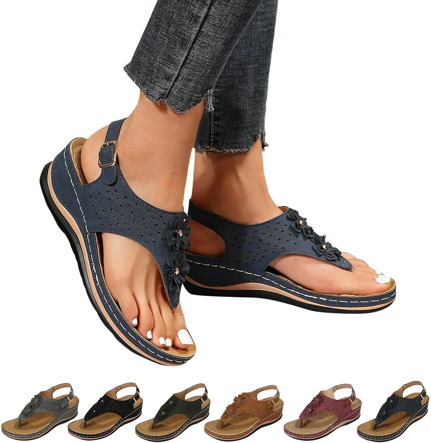 cooki Womens Sandals Comfortable Dressy Orthopedic Sandals for Women Thong T-Strap Casual Summer Arch Support Beach Sandals