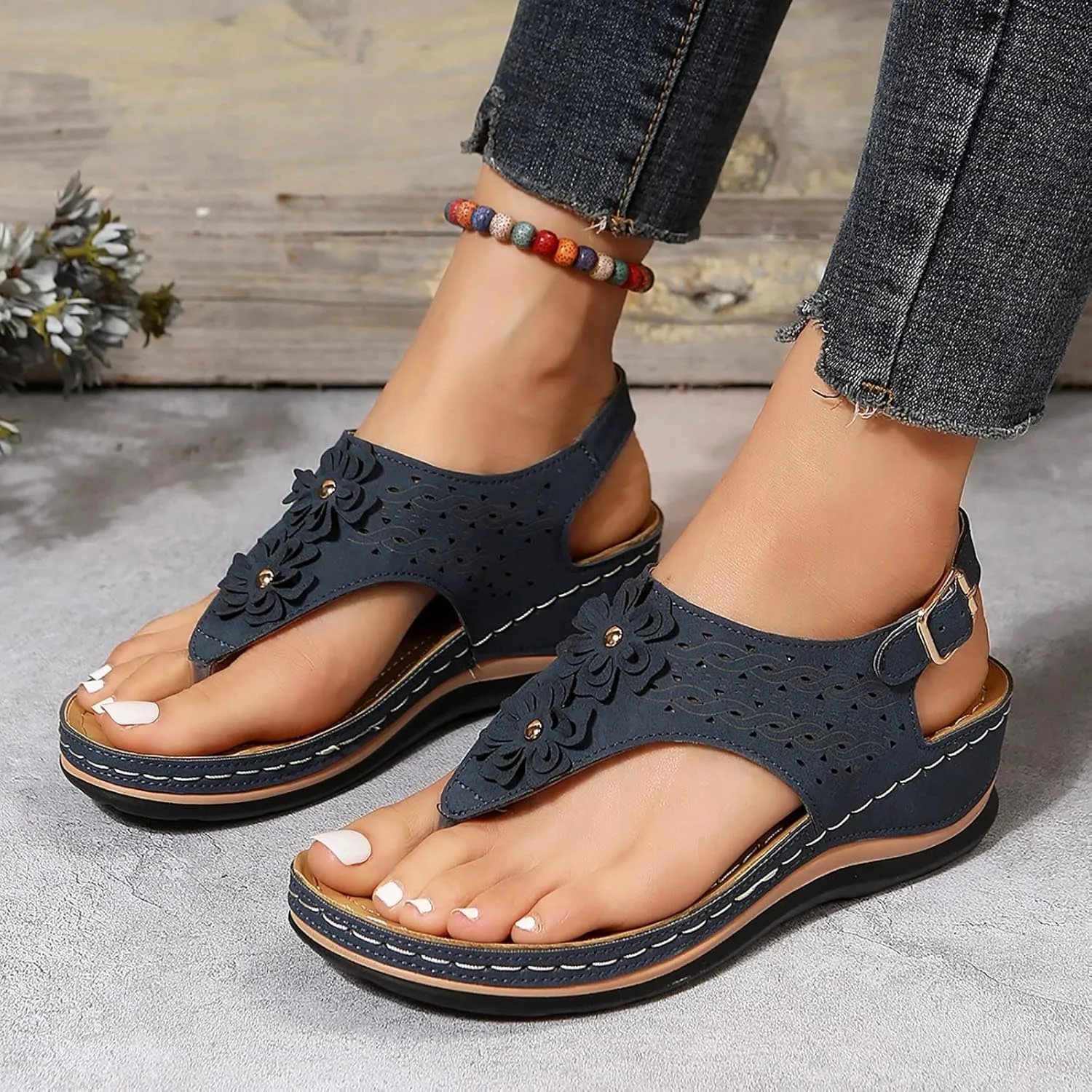 cooki Womens Sandals Comfortable Dressy Orthopedic Sandals for Women Thong T-Strap Casual Summer Arch Support Beach Sandals