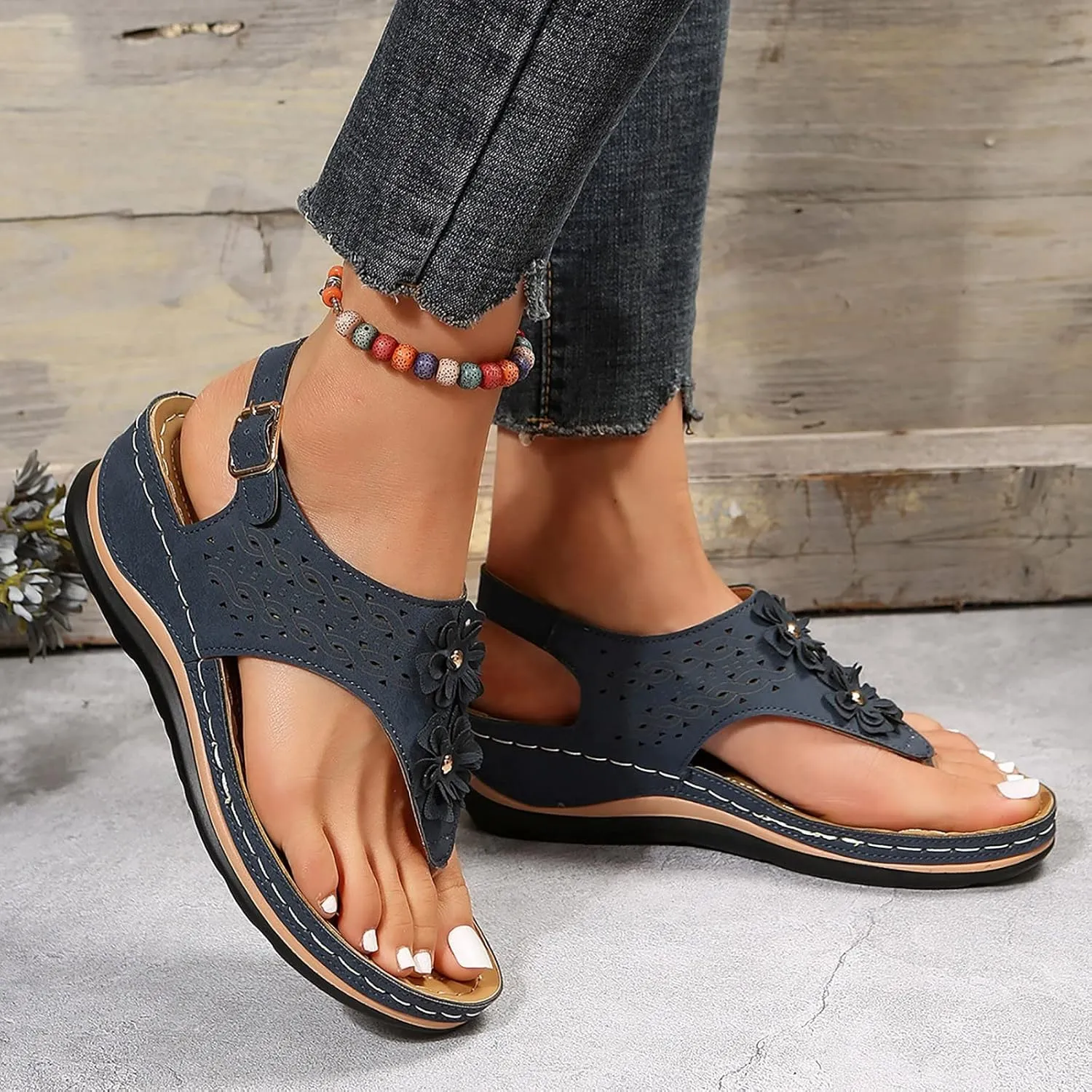 cooki Womens Sandals Comfortable Dressy Orthopedic Sandals for Women Thong T-Strap Casual Summer Arch Support Beach Sandals