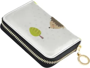 Cute Hedgehog Seamless pattern Red Green Brown Grey Credit Card Coin wallet, RFID Blocking Compact Women Leather Card Holder, Key Change Organizer, Zipper Purse Clutch Pouch Pocket