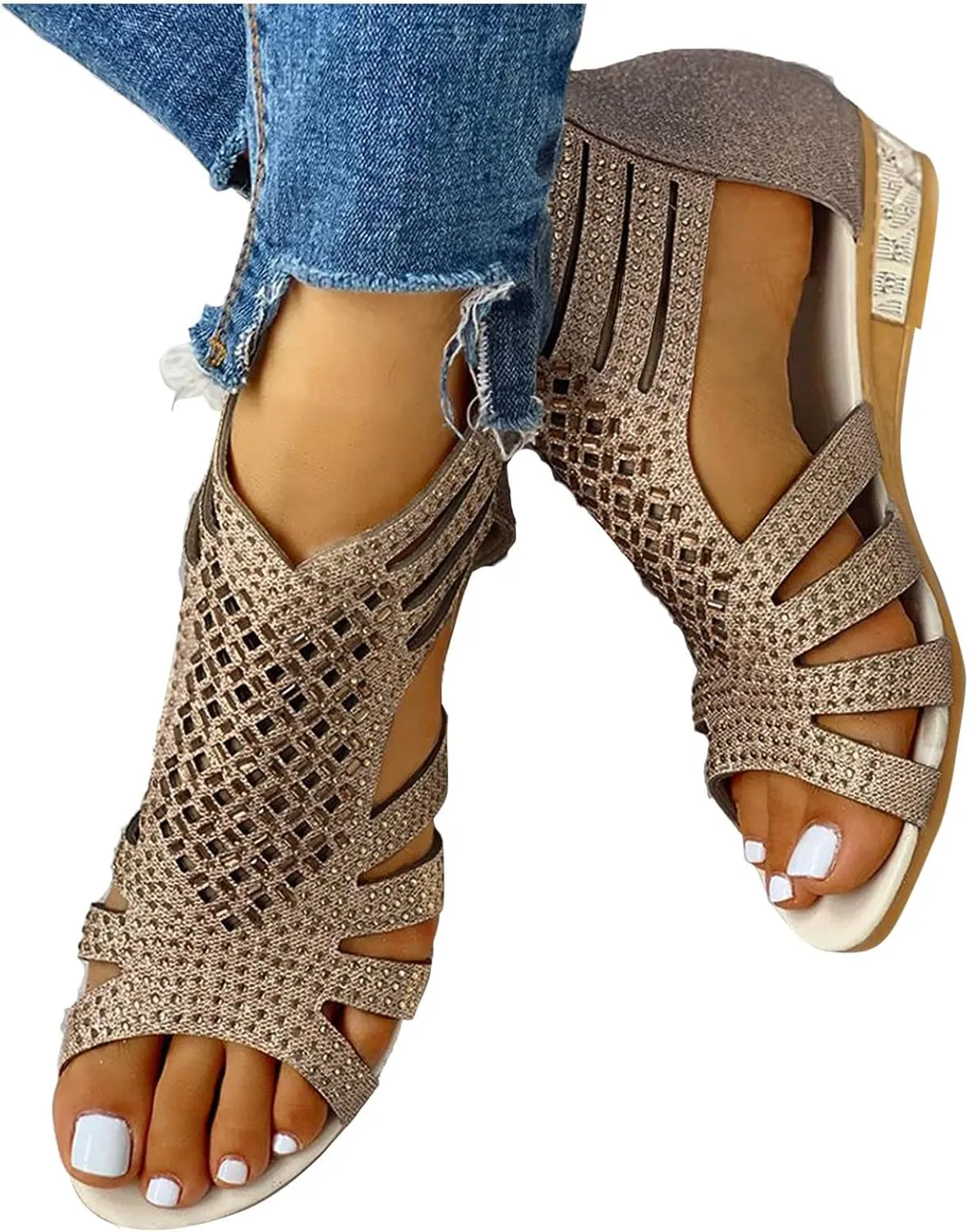 Eduavar Sandals for Women Dressy, Orthopedic Sandals for Women Low Wedge Sandals Cutout Zip Up Crystal Sandals Shoes