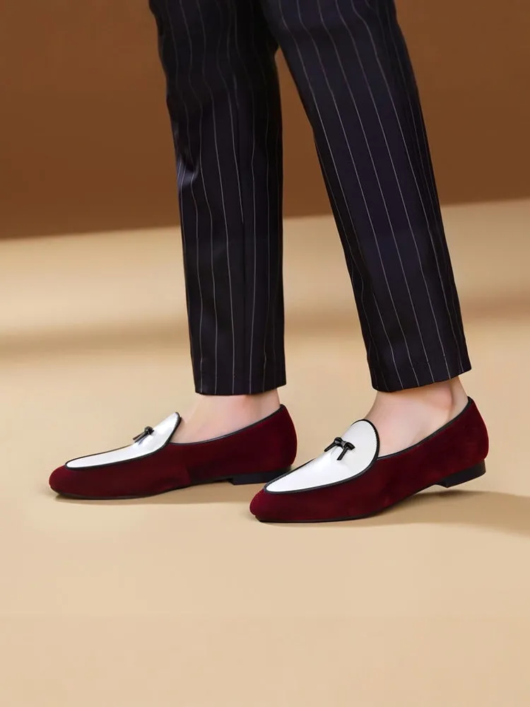 European and American trendy wear burgundy velvet stitching white cowhide men's loafers leather bow tie Belgian shoes