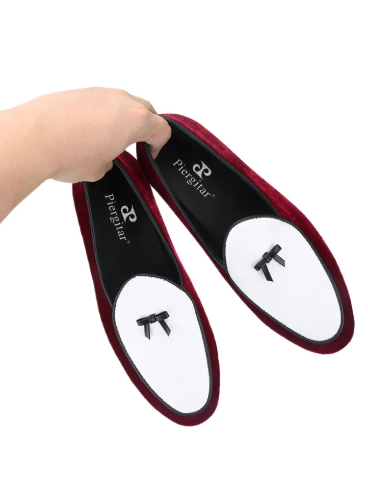 European and American trendy wear burgundy velvet stitching white cowhide men's loafers leather bow tie Belgian shoes