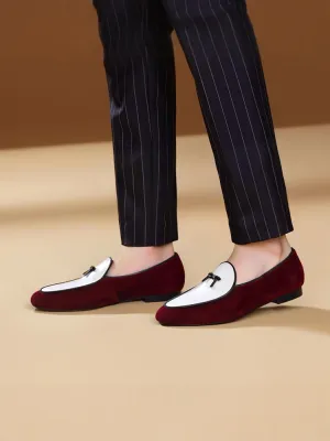 European and American trendy wear burgundy velvet stitching white cowhide men's loafers leather bow tie Belgian shoes