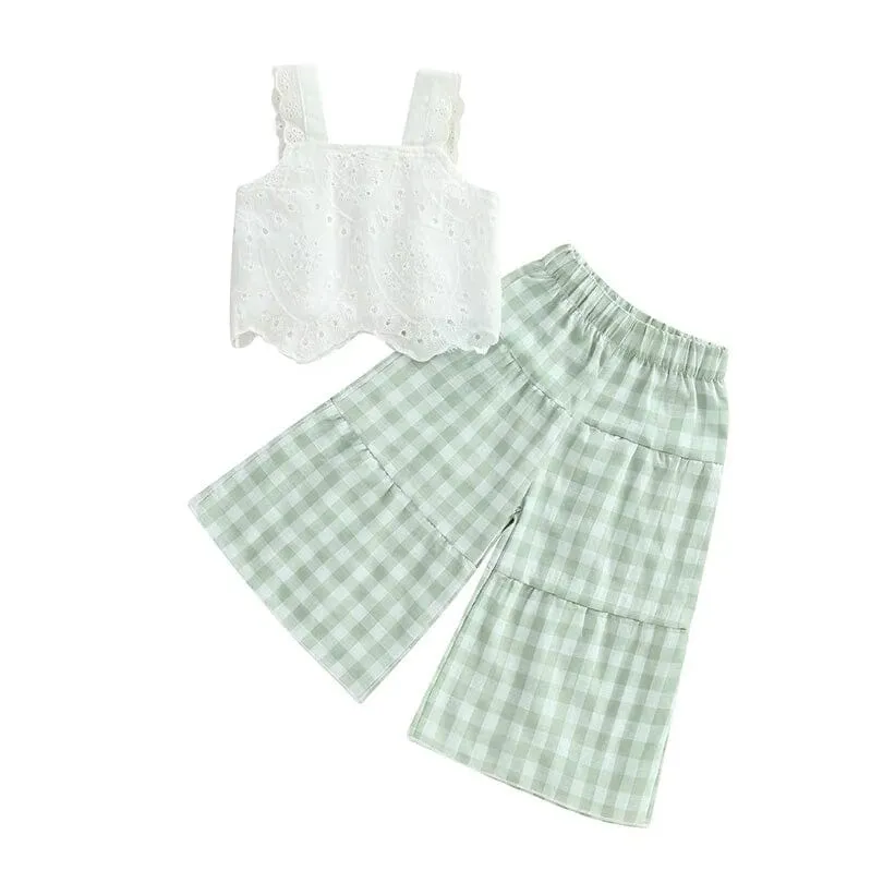 Eyelet Top Plaid Pants Toddler Set