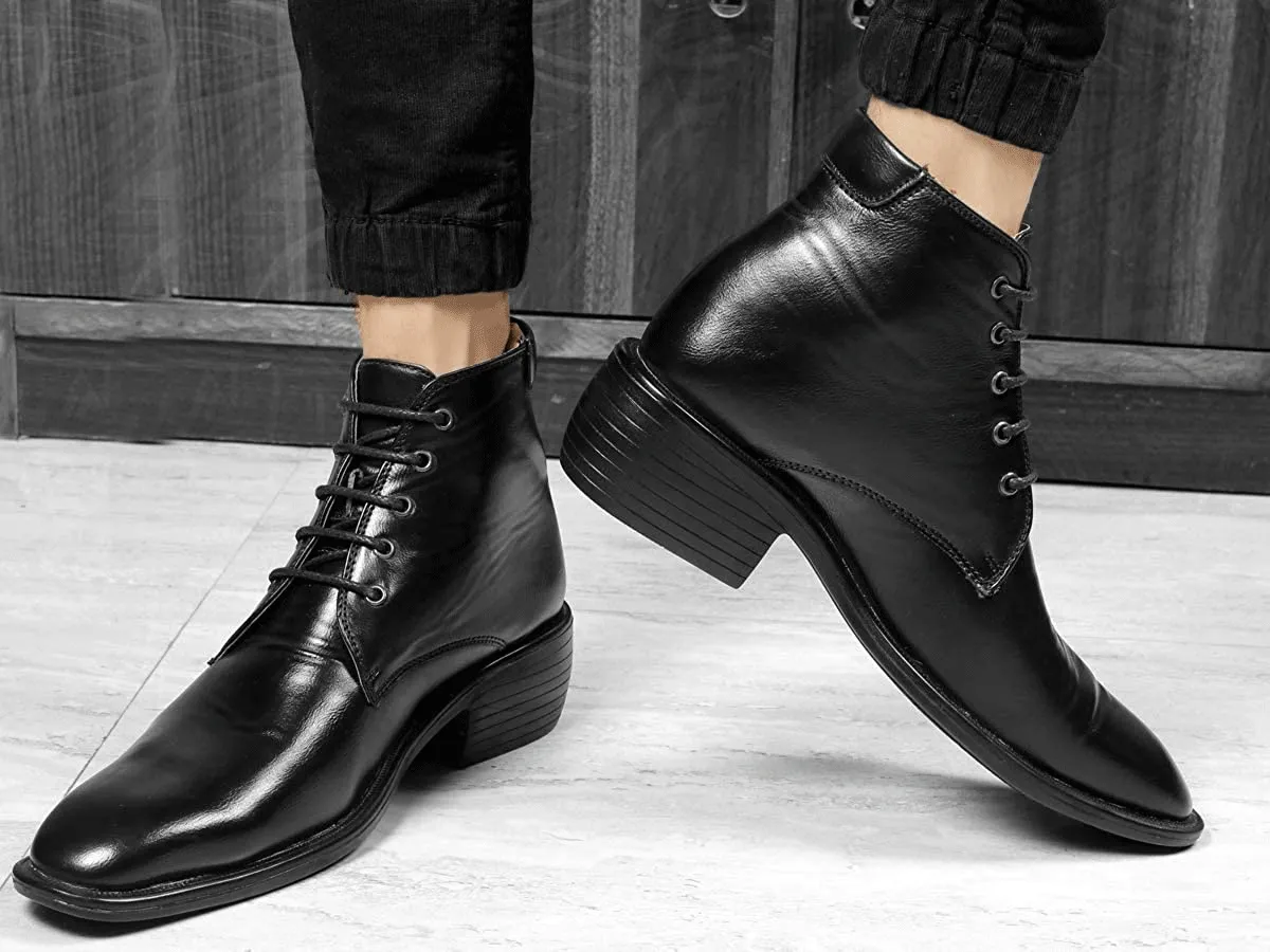 High Ankle Height Increasing Black Casual And Outdoor Boots With Lace-Up Pattern-Jonasparamount