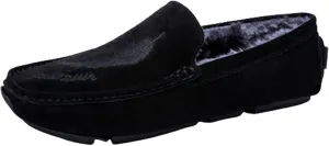 HOOENG Driving Moccasins Smoking Loafer for Men Genuine Leather Round Toe Leaf Embroidery Perforated Faux Fur Lined Option Soft Flat Heel Resistant Flexible (Color : Black Lined, Size : 9)