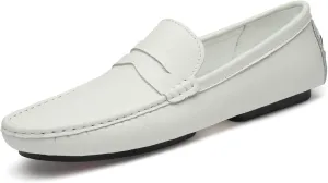 HOOENG Smoking Loafer for Men Penny Loafer Genuine Leather Round Toe Stitching Details Soft Resistant Comfortable Flat Heel Flexible Casual Slip on (Color : White, Size : 8.5)