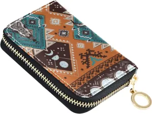 Indian Tribal Ornament with Bull Skulls Aztec Lace Henna Tattoo StyleGrey Credit Card Coin wallet, RFID Blocking Compact Women Leather Card Holder, Key Change Organizer, Zipper Purse Clutch Pouch