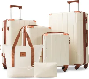 JCSD Lightweight and Durable Hardshell Luggage Set - 6 Piece Expandable Suitcase Set with TSA Lock and Telescopic Handle, White and Brown