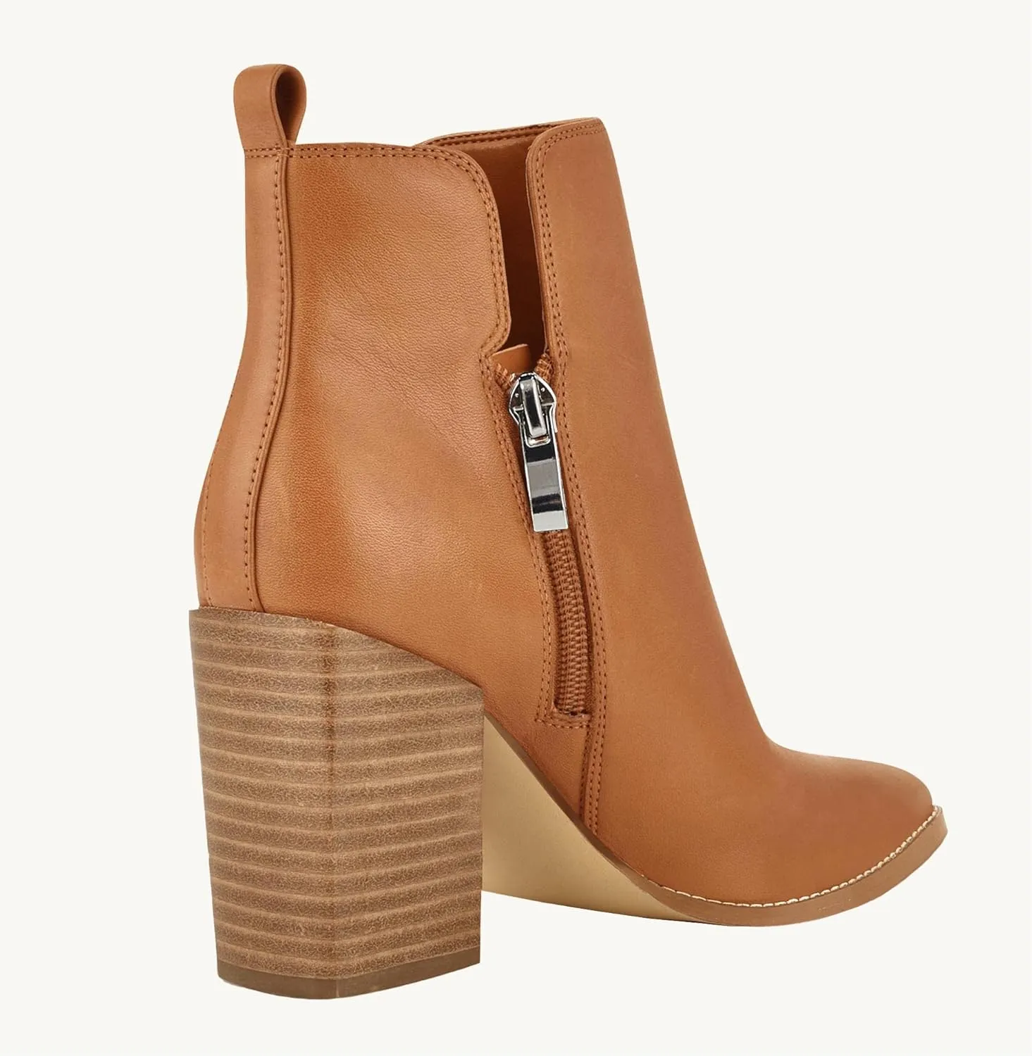 Juliet Holy Women's V Cut Ankle Boots Pointed Toe Stacked Chunky Heel Side Zipper Leather Cutout Western Booties