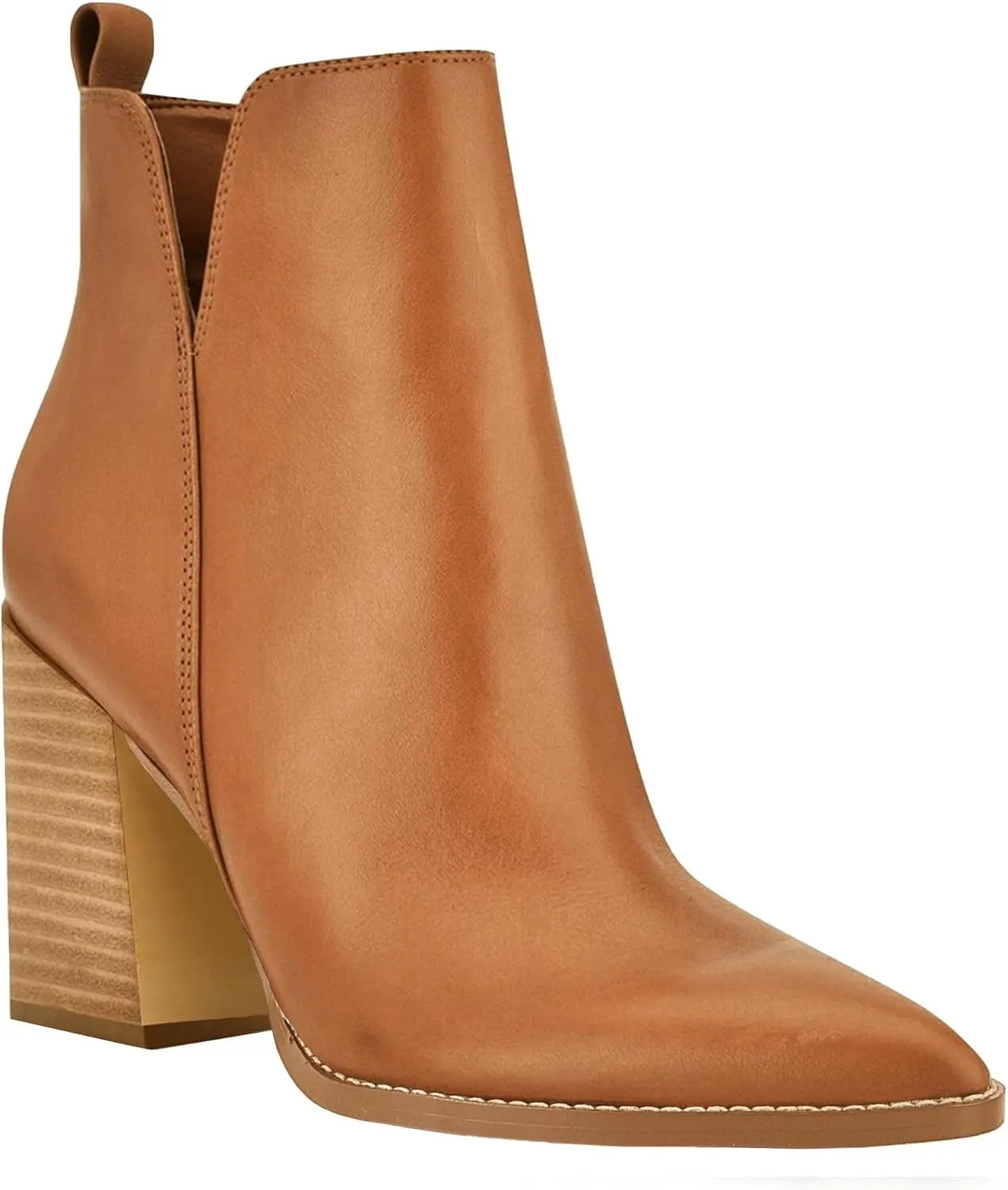 Juliet Holy Women's V Cut Ankle Boots Pointed Toe Stacked Chunky Heel Side Zipper Leather Cutout Western Booties