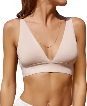 Knowyou Women's Seamless Plunge Bra Deep V-Neck Wireless Comfort Bra Unlined Triangle Sporty Bras Bralettes for Ladies