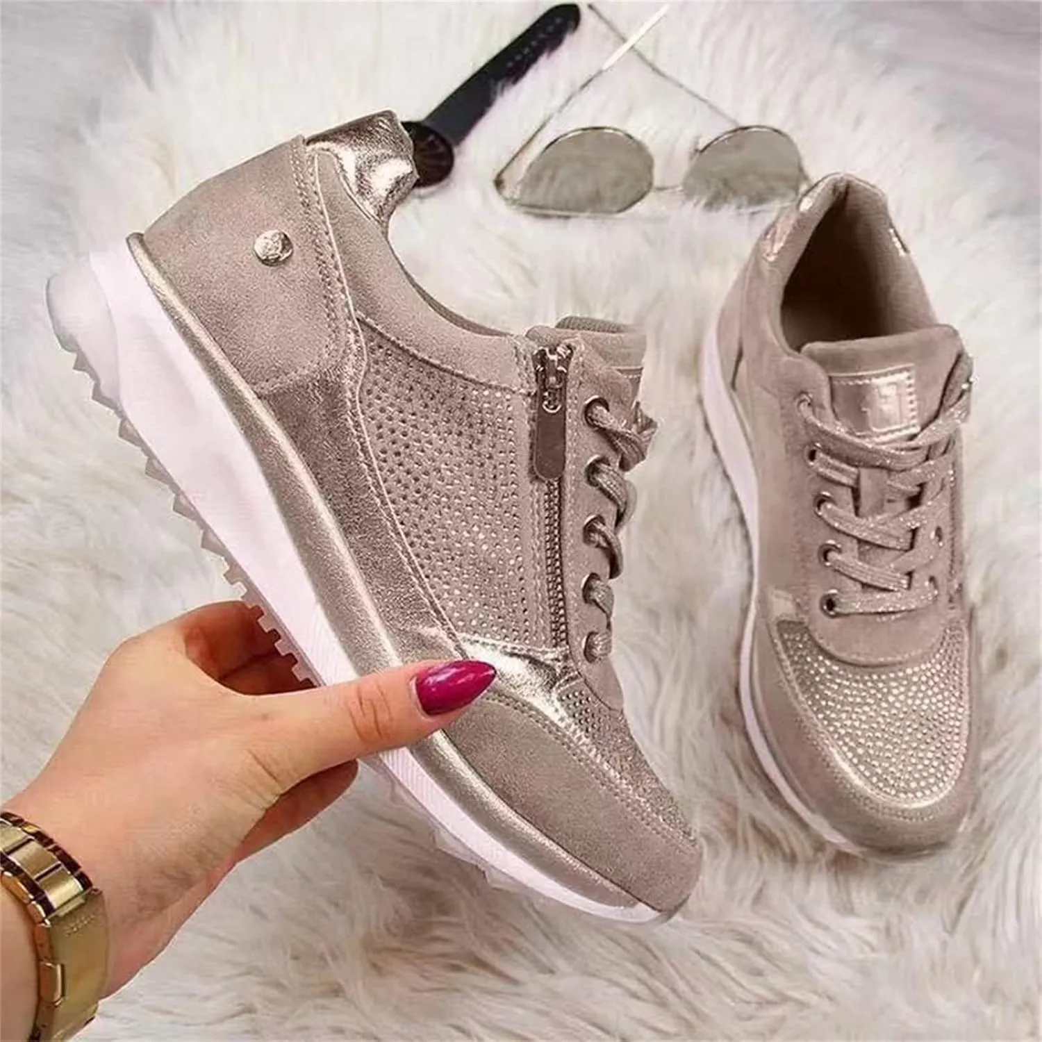 Ladmiple Sneakers For Women Walking Shoes Wide Width Sparkly Sneakers Slip On Dressy Summer Glitter Rhinestone Loafers
