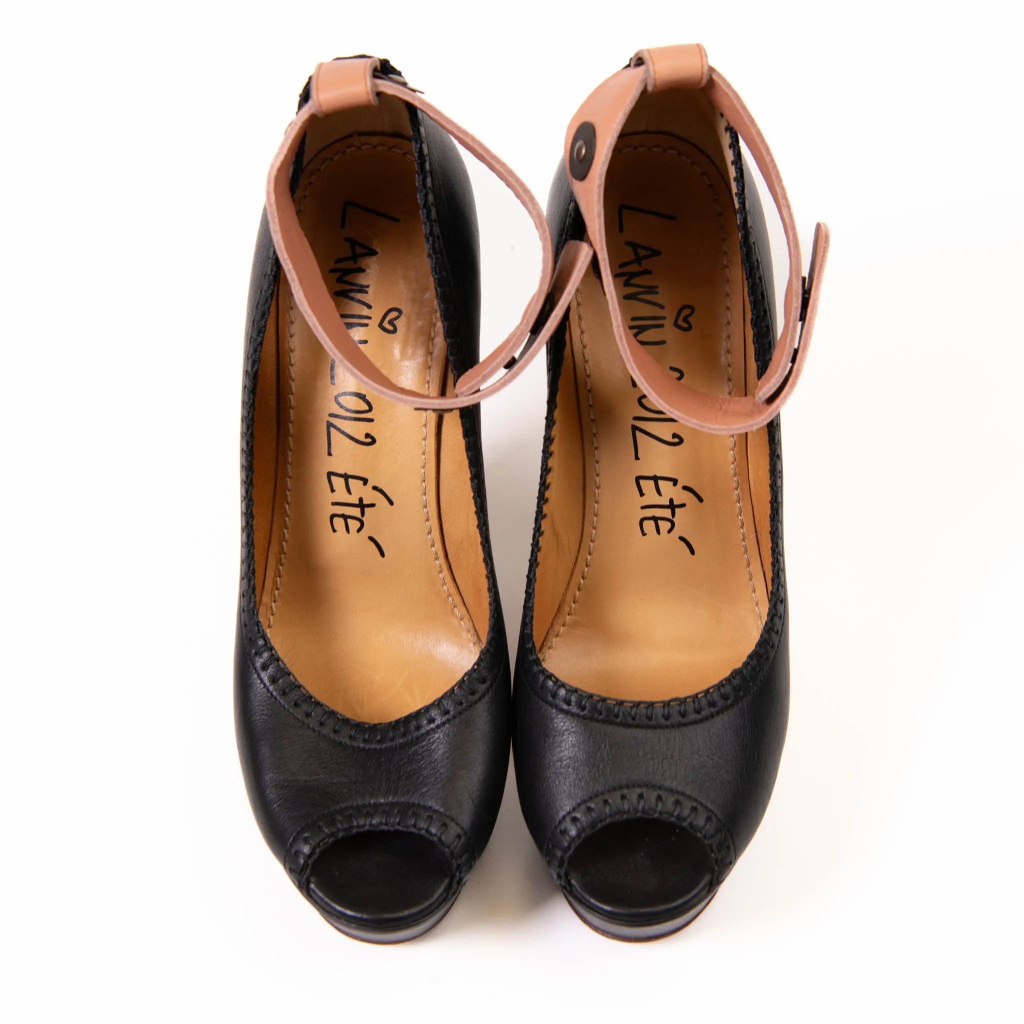 Lanvin Black/Beige Leather Wedge Platform Ankle Cuff Pumps Size 39