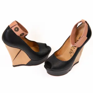 Lanvin Black/Beige Leather Wedge Platform Ankle Cuff Pumps Size 39