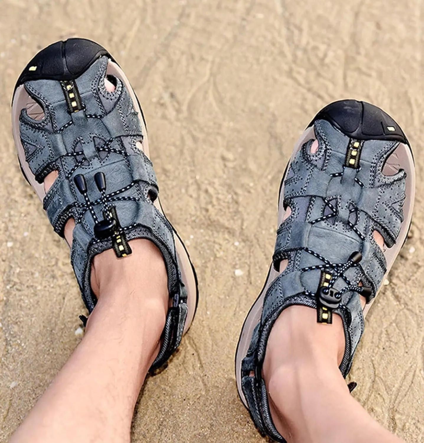 Leather Hiking Sandals Outdoor Sports Summer Beach Fisherman Sandals Men's Closed Toe Trekking Walking Sandals Casual Breathable Non-Slip Athletic Shoes Waterproof