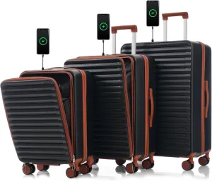 Luggage 3 Piece Sets20 24" 28", 20 "24" with front pocket,Hard Shell Luggage Carry on Luggage Set with TSA Lock, usb, universal wheel,cup holder (Black)
