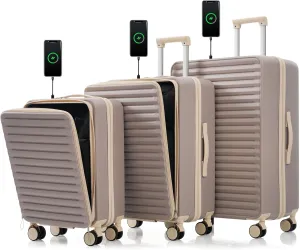 Luggage 3 Piece Sets20 24" 28", 20 "24" with front pocket,Hard Shell Luggage Carry on Luggage Set with TSA Lock, usb, universal wheel,cup holder (Light Brown)