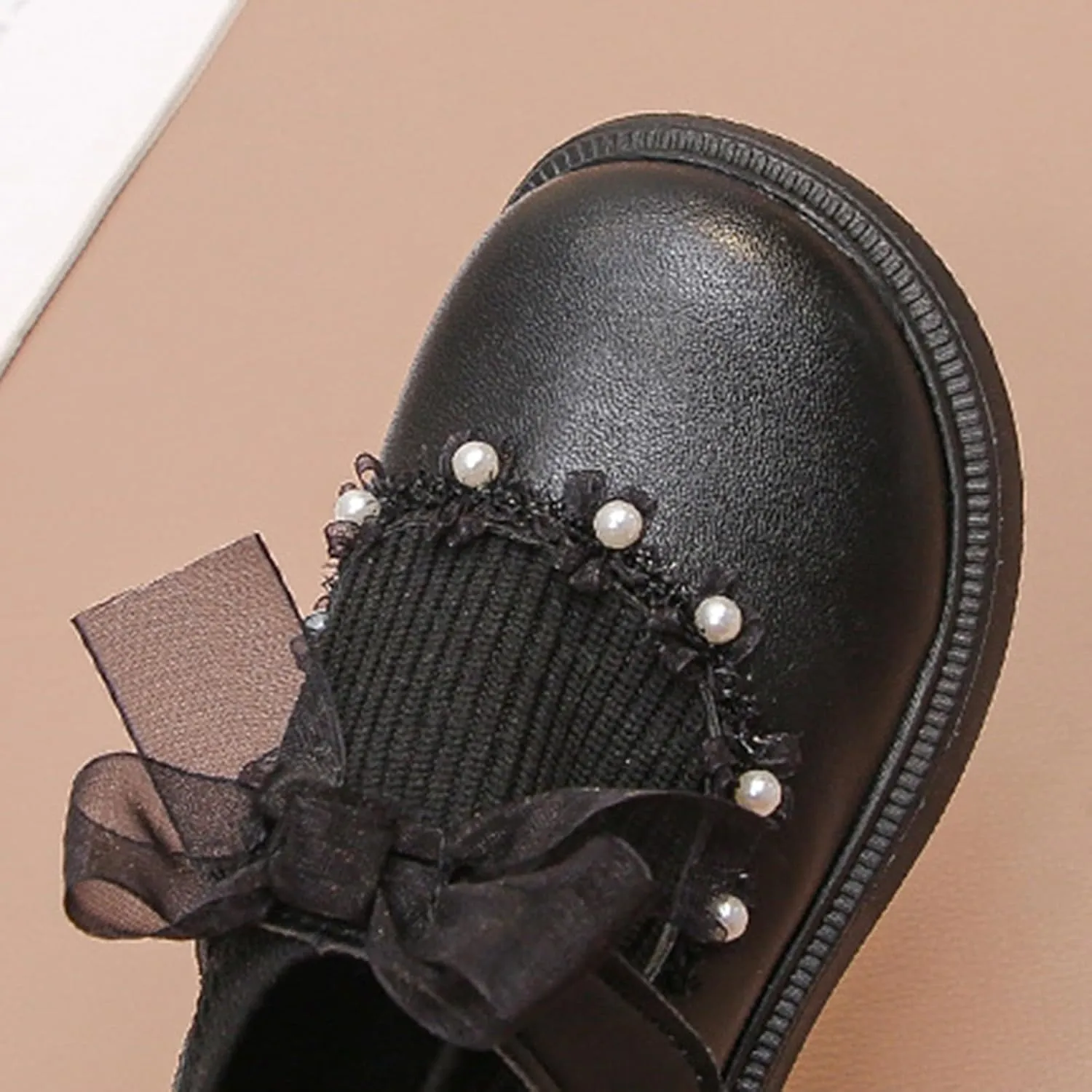 Mary Jane Girls Shoes Pearls Bow Knot School ??xford Flat?? Non-Slip Hook and Loop Leather Girls Snow Boots Size 6
