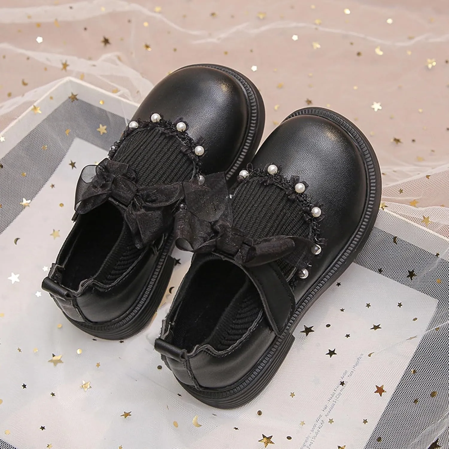 Mary Jane Girls Shoes Pearls Bow Knot School ??xford Flat?? Non-Slip Hook and Loop Leather Girls Snow Boots Size 6
