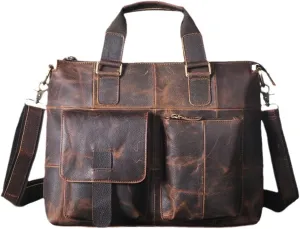 Men Leather Antique Business Briefcase 15" Laptop Case Attache Portfolio Bag One Shoulder Messenger Bag