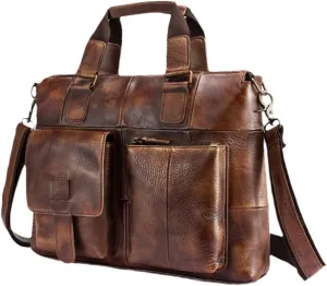 Men Leather Antique Business Briefcase 15" Laptop Case Attache Portfolio Bag One Shoulder Messenger Bag